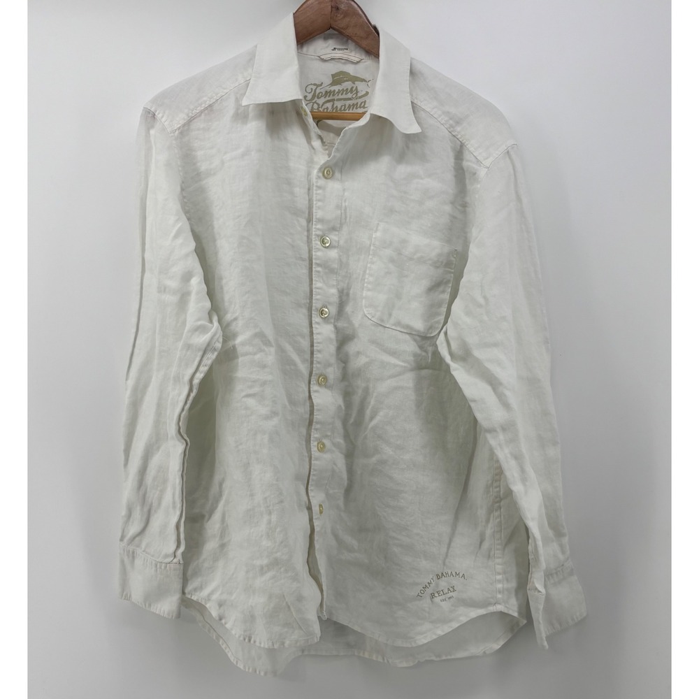 Tommy Bahama Relax Button Down Shirt White 100% Linen Long Sleeve Beach Resort